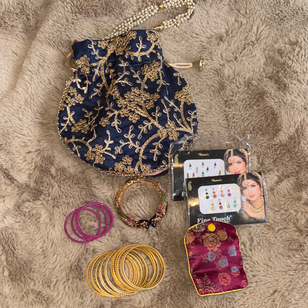 Blue and Gold Embroidered Women's Bag, South Asian bangles and bindis.